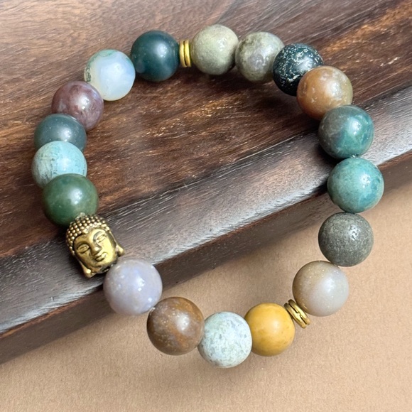 Buddha head Lucky Charm Green Moss Agate Bracelet - Picture 2 of 3